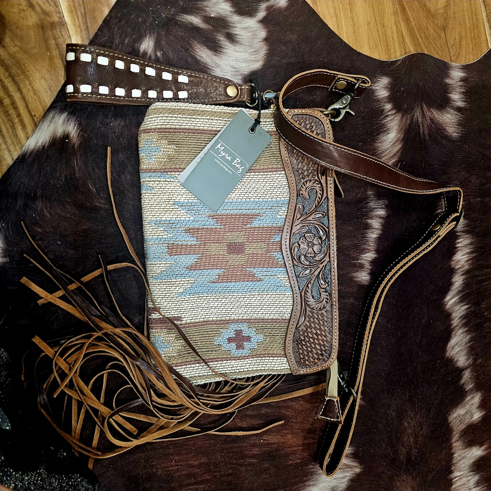 Myra Bag Brown and Tan Fringe Crossbody 11 inches wide 7 1/2 tall